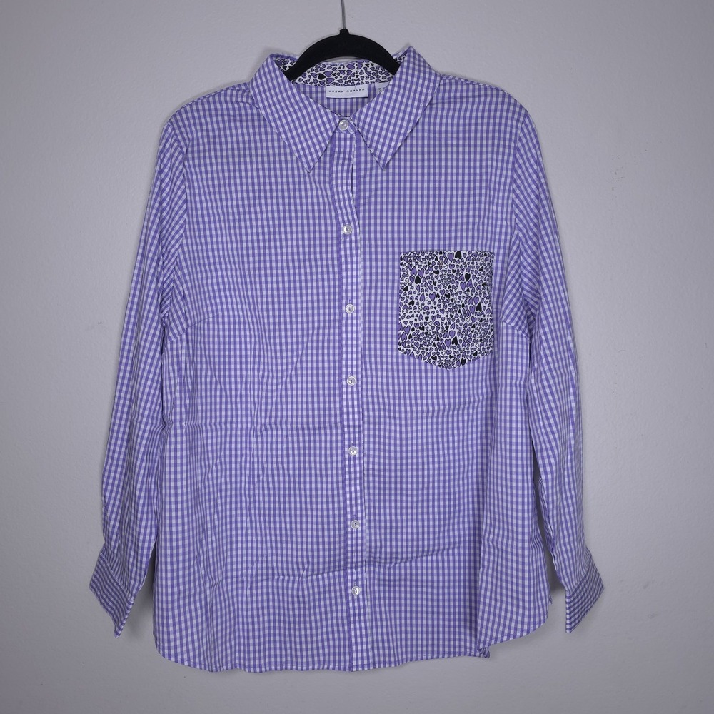 Susan Graver‎ Womens 18W Purple Gingham Check Button Up Top Hearts Valentine